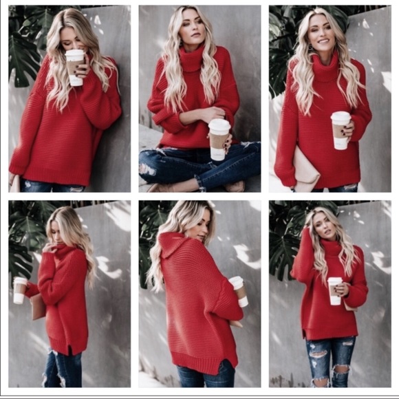 Red Knit Turtleneck Long Sleeve Oversized Sweater - Picture 6 of 7